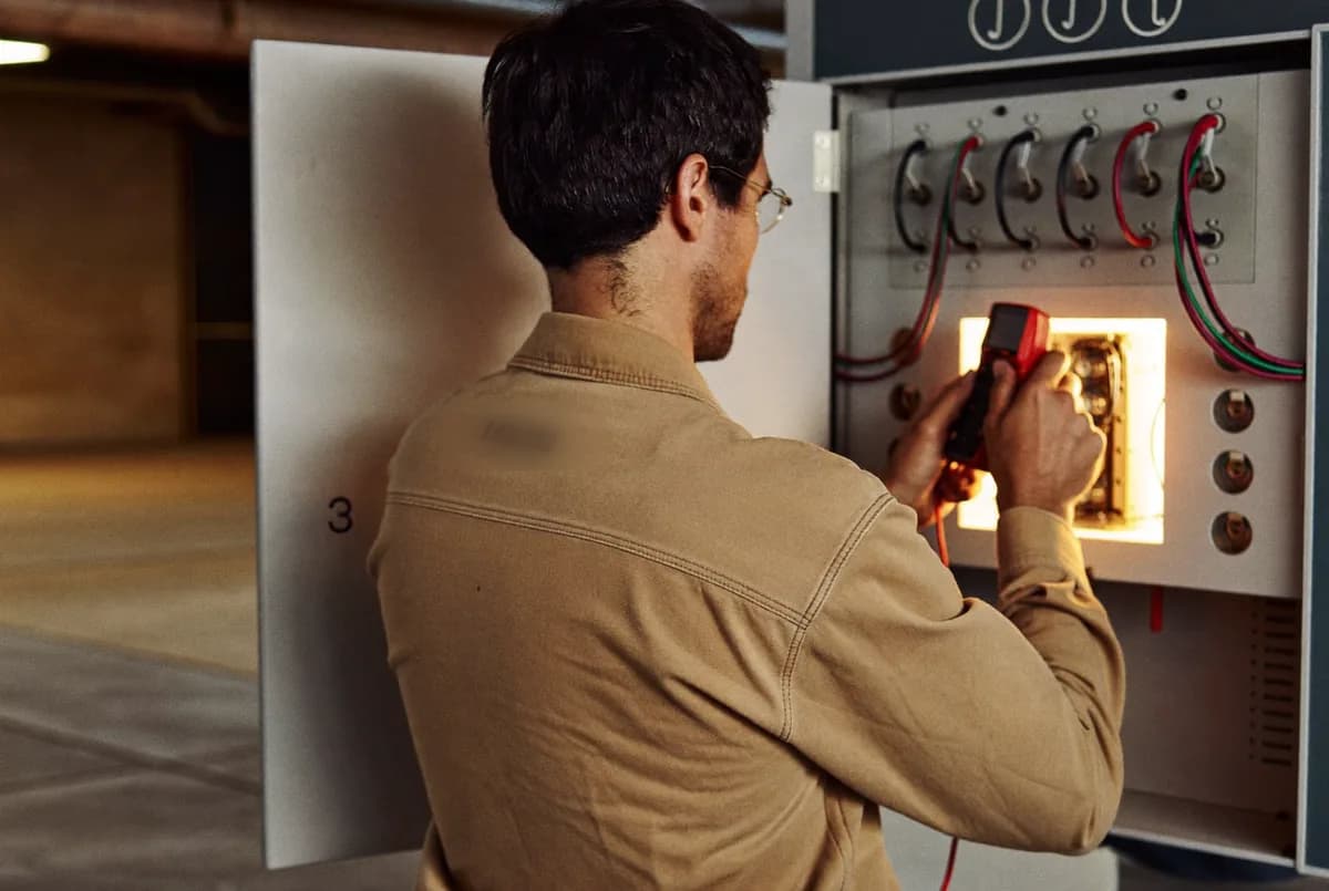 A journeyman electrician using a multimeter at an open electrical panel