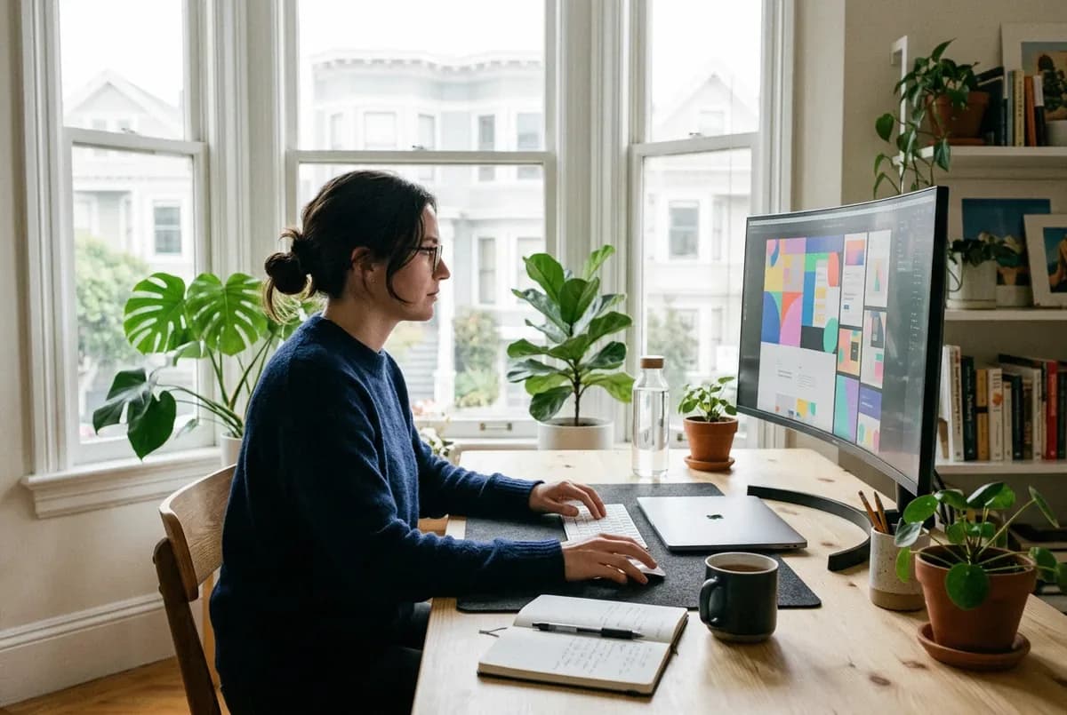 A product manager at a monitor beside a wall of sticky notes in a bright home office
